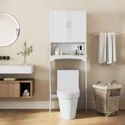 Over The Toilet Cabinet with Inner Adjustable Shelf, Double Door Bathroom Storage Organizer, Taller...