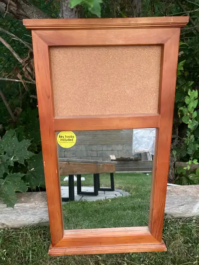 Wall Mirror with Cork Board and Key Hooks, View more