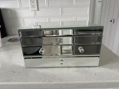 All Mirrored Jewelry Box . Like NEW! Never used. 3 pullout drawers. Velvet lined. Perfect for things...