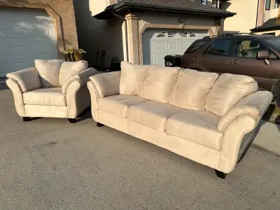 Beige microfiber sofa & chair set…ONLY $490 FOR BOTH PIECES. EXCEPTIONALLY GOOD CONDITION. Please TE...