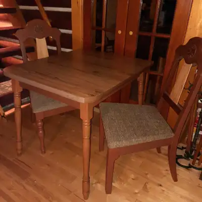 Recycled and Restored by Journeyman New Maple Table and 2 Chairs New finish and upholstery 30" X 46"...