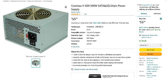 New Coolmax V-500 500W SATA 20/24pin Power Supply in System Components in London - Image 2