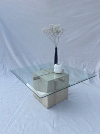 Postmodern Faux Travertine Laminate Glass Top Coffee Table