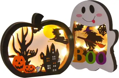 Halloween Wooden Lighted Pumpkin for Tabletop, 2pcs Light Up, View more