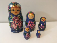 Vintage Russian Pink and Blue Flower Nesting Dolls - Set of 5