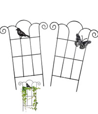 2 supports treillis pour plante en métal noir oiseau papillon 