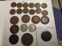 Old Canada One Cent Coins plus 2 US 5 cents + Half Anna Coin