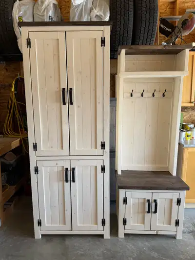 Beautiful handcrafted rustic farmhouse-style furniture from solid wood in a variety of stains and fi...