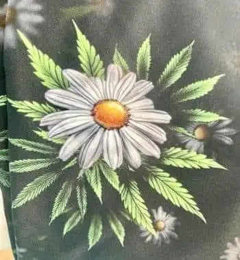Black leggings with a daisy and leaf print. 82% polyester and 18% spandex. Machine wash cold. Tumble...