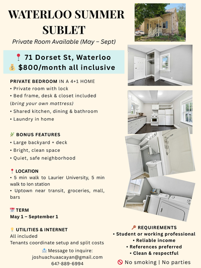 71 Dorset 5 bed 2 bath available, sublease starting May 1st - August 2026 Renting out individual roo...