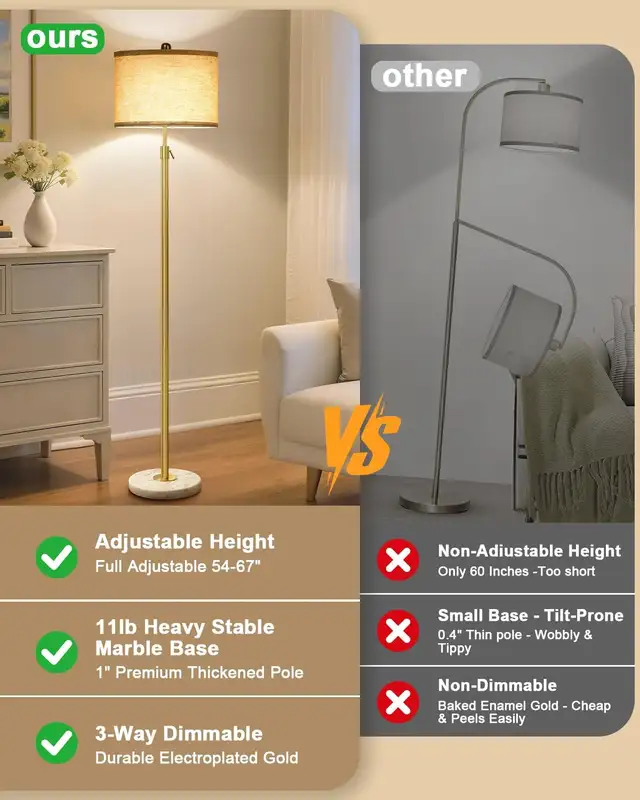 Floor Lamp Living Room Standing Marble Base 3 Way Dimmable Gold in Indoor Lighting & Fans in Oshawa / Durham Region - Image 4