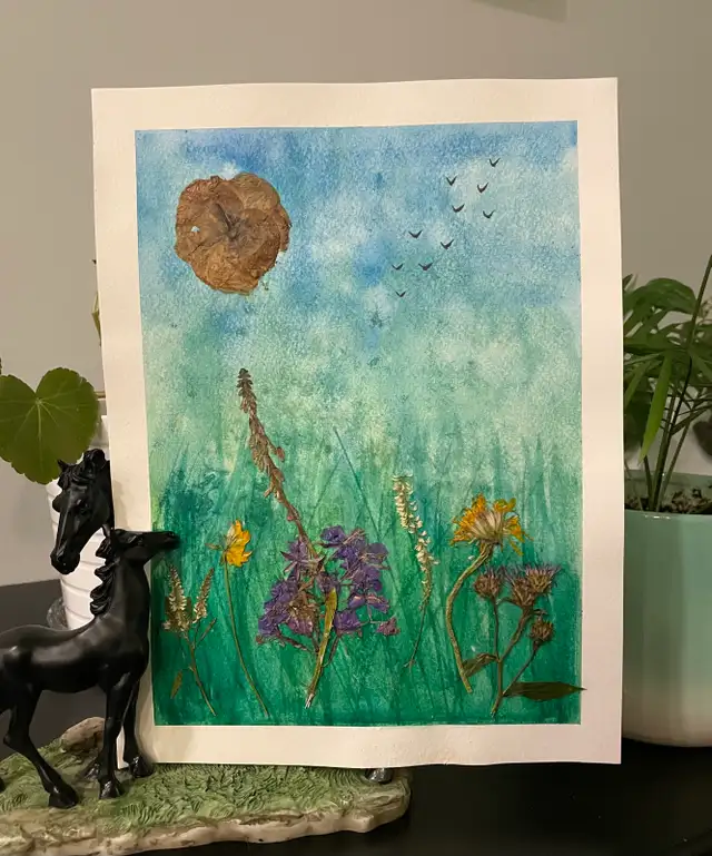 Watercolor landscape Painting with Pressed Flowers 
