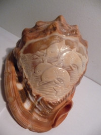 Vintage CAMEO CONCH SHELL Hand Carved Dolphins Group 6 Inches