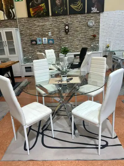 Round Glass Dining Table with 4 White Leather Chairs | Dining, View more