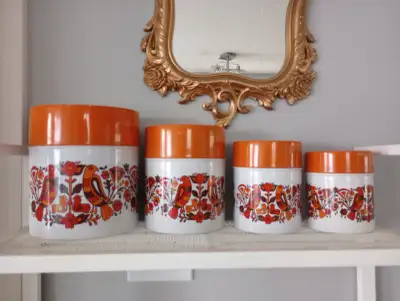 Vintage Midcentury Retro Orange Tin Storage Canisters Set, View more