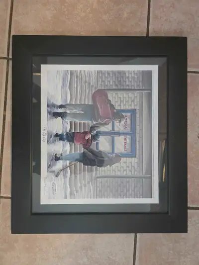 This is a framed print of "The Big Day" by Ross Gordon, depicting a nostalgic scene of children arri...