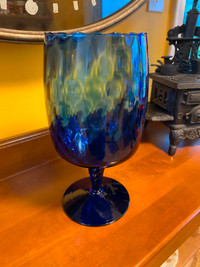 Vintage Cobalt Blue Glass Empoli Stemmed Vase Jar Compote