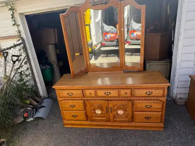 Free delivery used Oak Bedroom Dresser with Tri-Fold Mirror, View more