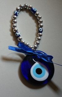 Vintage Cobalt Blue Glass Evil Eye Wall Hanger with Beads