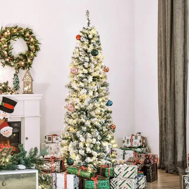 6ft Prelit Artificial Pencil Christmas Tree, Snow Flocked Slim X in Holiday, Event & Seasonal in Markham / York Region - Image 8