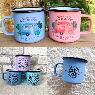 Enamel coated steel camping mugs, View more