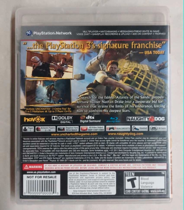 Playstation 3 Video Game -  Uncharted 3  in Sony Playstation 3 in Mississauga / Peel Region - Image 2