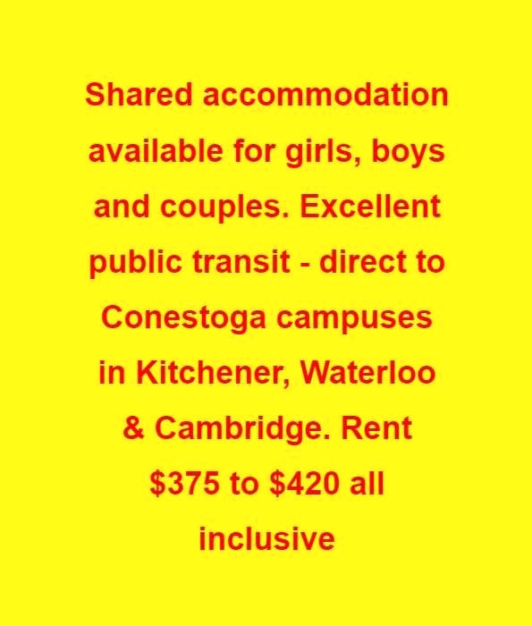 Accommodation for girls, boys and couples - direct bus to campus in Room Rentals & Roommates in Kitchener / Waterloo