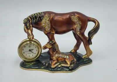 Enamel Horse and Foal Desk Clock *Not Running, View more