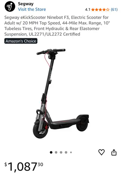 Segway eKickScooter Ninebot F3, Electric Scooter for Adult w/ 20 MPH Top Speed, 44-Mile Max. Range,...