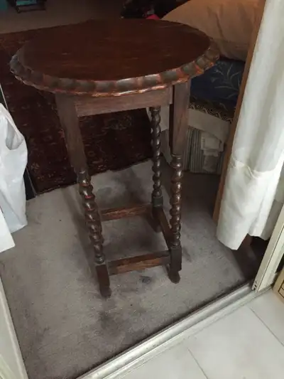 Antique Scotland Oak Scallop Edge Barley Twist Stem Leg Table, View more