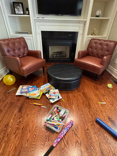 Tufted Leather Armchairs and Ottoman , View more