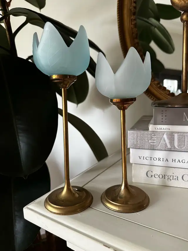 Vintage Brass & Frosted Glass Tulip Stemmed Candle Holders in Home Décor & Accents in Calgary - Image 2