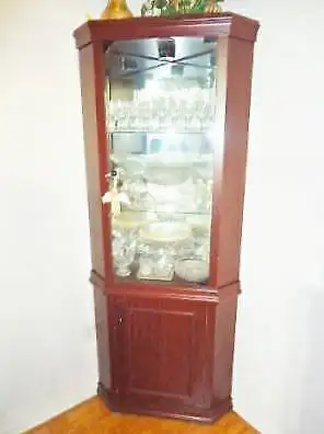 2 Cherry Wood Corner Cut Crystal Display Cabinets with Lighting, View more