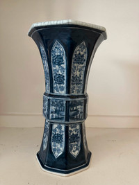 vintage Asian hand painted blue and white porcelain vase 11”tall