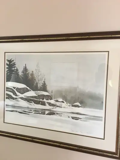 This is a Jack Reid art print titled "Steve's Place", numbered 169/475. It depicts a serene winter l...