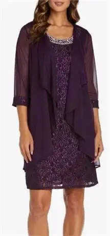 R&M Richards Womens 2pcs Flyaway cardi & Beaded Neck Dress sz 14, View more