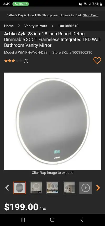 Artika Ayla 28×28 round led dimable defog mirror. Brand new, still in original packaging without the...