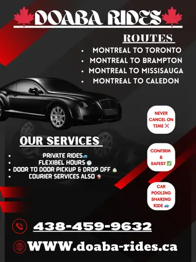 Rideshare everyday Montreal to Toronto (both sides available), View more