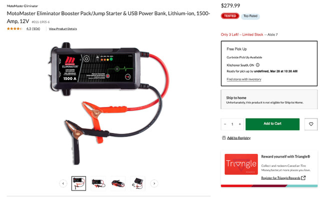 MotoMaster Eliminator 1500A Booster Pack/Jump Starter in Other in Kitchener / Waterloo