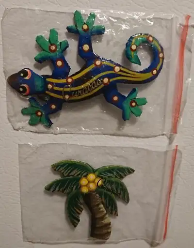 Vintage Rare Curacao Souvenir Metal Palm Tree & Lizard Fridge Magnet - Lizard is 4 1.4 inches long x...