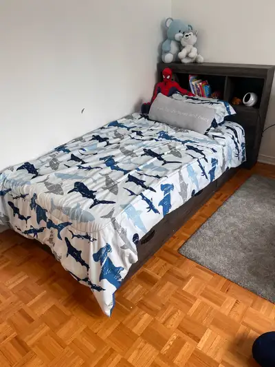 Twin bed with drawers and bookcase/Lit simple avec tiroirs et bi, View more