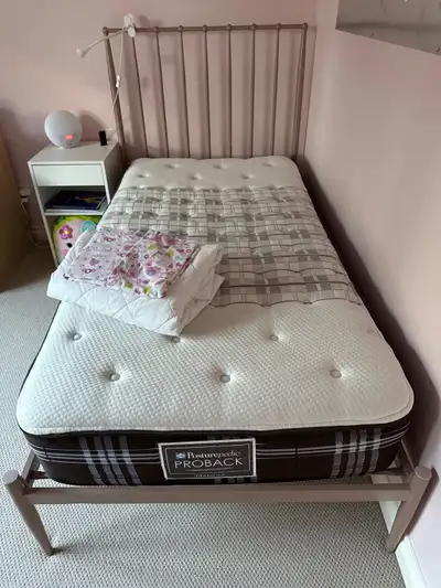 Twin bed frame dusty light pink colour Sealy posturepedic proback mattress. Purchased from the Bay....