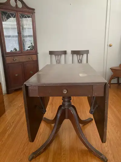 Antique Drop Leaf Dining table 4 upholstered chairs, View more