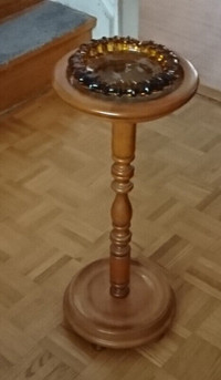 Vintage Solid Wood Ashtray Stand with Amber Glass Ashtray
