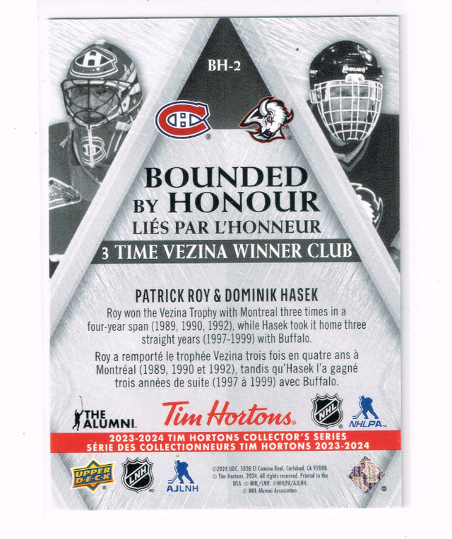 2023-24 Tim Horton's Duo's Bounded by Honour - ROY/HASEK in Arts & Collectibles in Belleville - Image 2