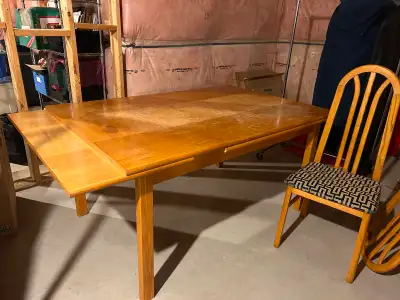 Solid oak dining room, table, chairs, hutch, View more