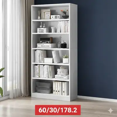 "White 6-Tier Standard Bookcase, Modern Vertical Wood Bookshelf , View more