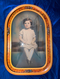 Antique Carved Wood Framed Colorized Young Girl Photo Convex