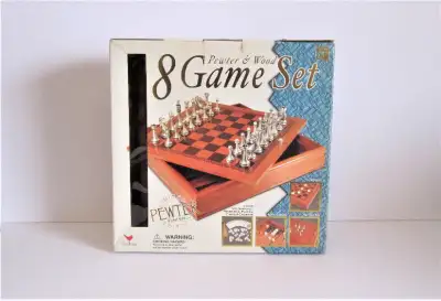 Pewter & wood 8 game set by Cardinal. Limited pewter finish edition. Checkers, backgammon, tic-tac-t...