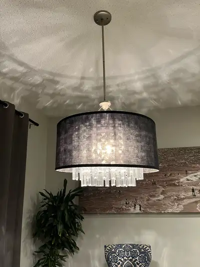 Set of 3 light fixtures from Cartwright Lighting. Black fabric drum lights with clear crystals, brus...